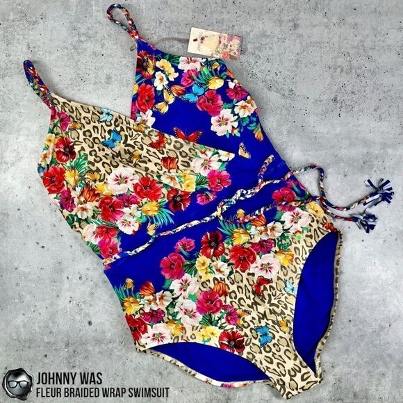 JOHNNY WAS FLEUR BRAIDED WRAP ONE PIECE SWIMSUIT IN FLORAL BLUE PLUS SIZE 2X NEW - Picture 1 of 15